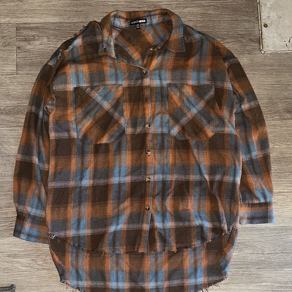 Fashion Nova Brown and Blue Plaid Button-Down Shirt